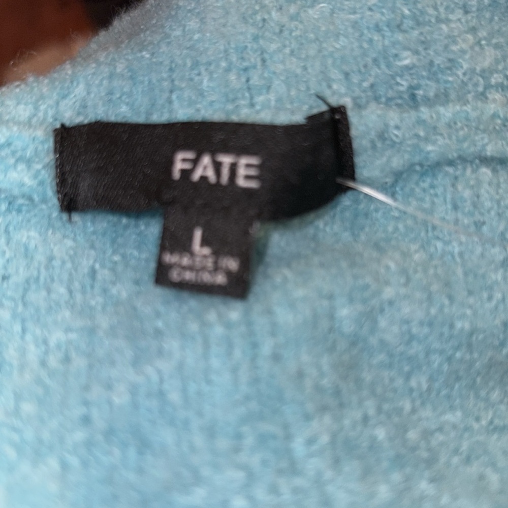 Fate Aqua Blue Button Up V-Neck Hooded Sweater w/wood tone buttons. Size L AR 5 - Picture 4 of 6